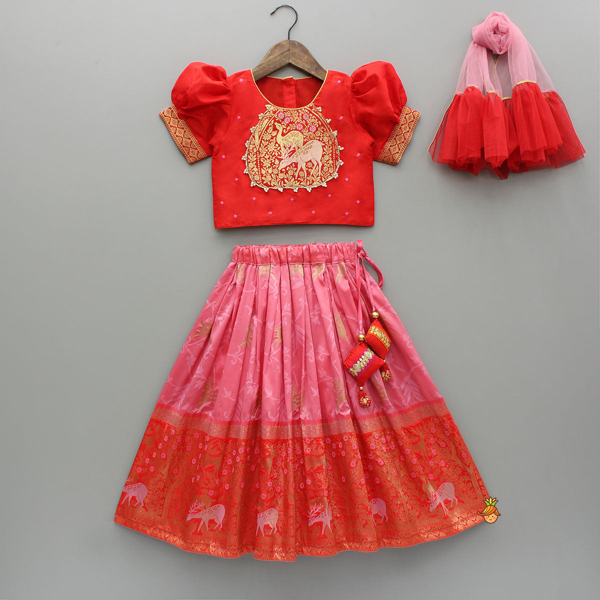 Pre Order: Red Brocade Animal Embroidered Top With Dual Tone Lehenga And Ruffle Dupatta