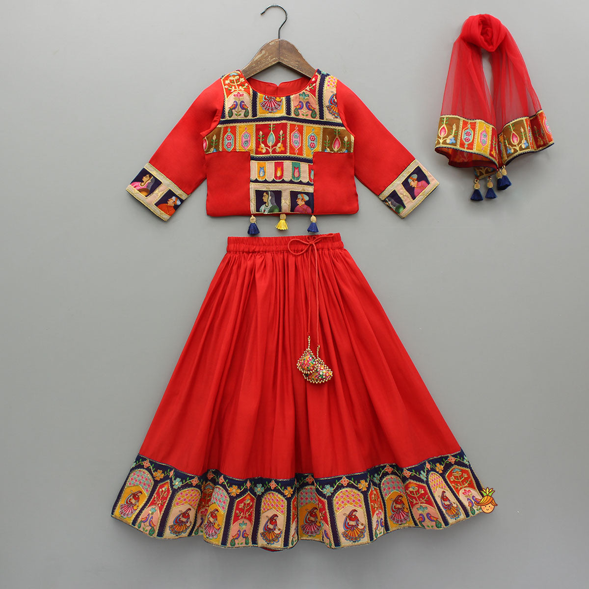 Fringed Hem Red Top And Lehenga With Matching Dupatta