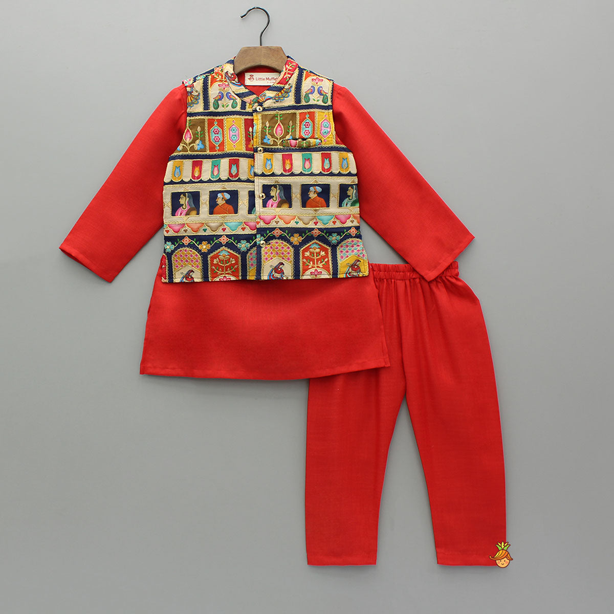 Red Kurta With Printed Multicolour Jacket And Pyjama