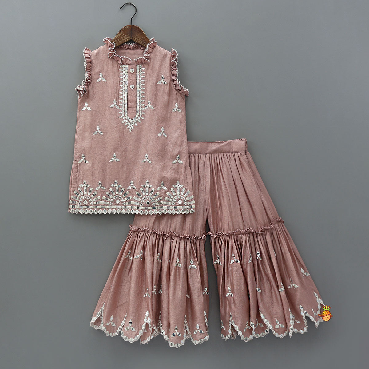 Pre Order: Pink Faux Mirror Embroidered Ruffle Detailed Kurti With Sharara