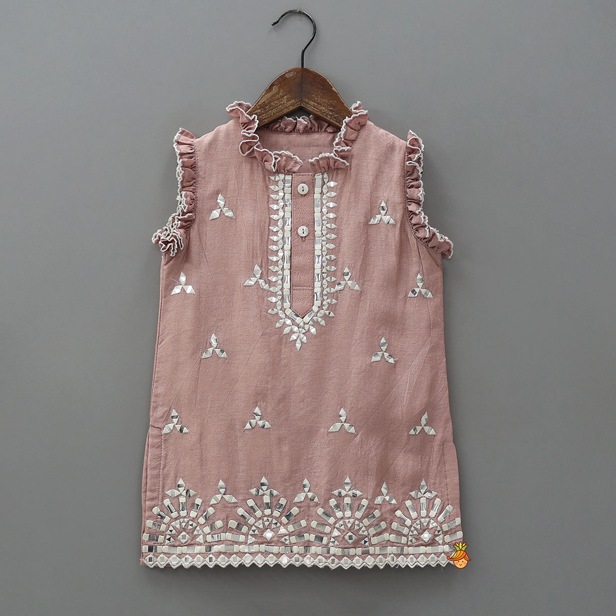 Pre Order: Pink Faux Mirror Embroidered Ruffle Detailed Kurti With Sharara