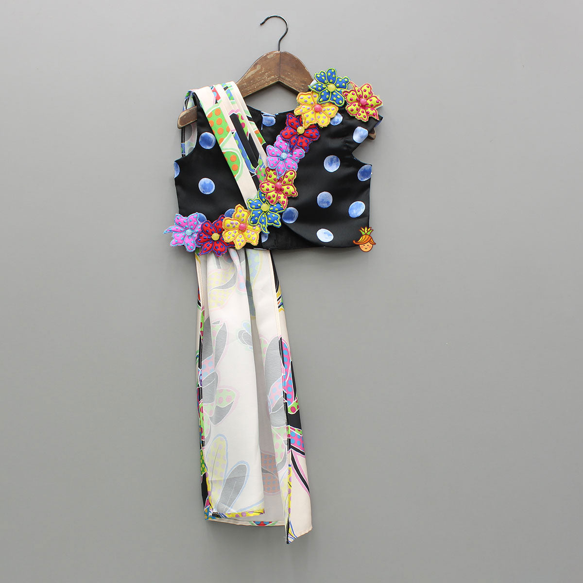 Pre Order: Colourful Flowers Embellished Pleated Black Top And Lehenga