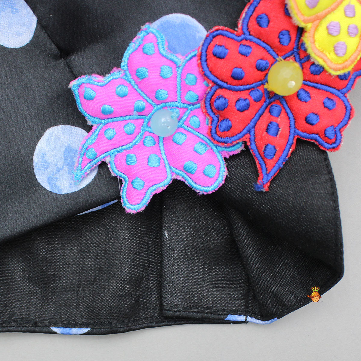 Pre Order: Colourful Flowers Embellished Pleated Black Top And Lehenga