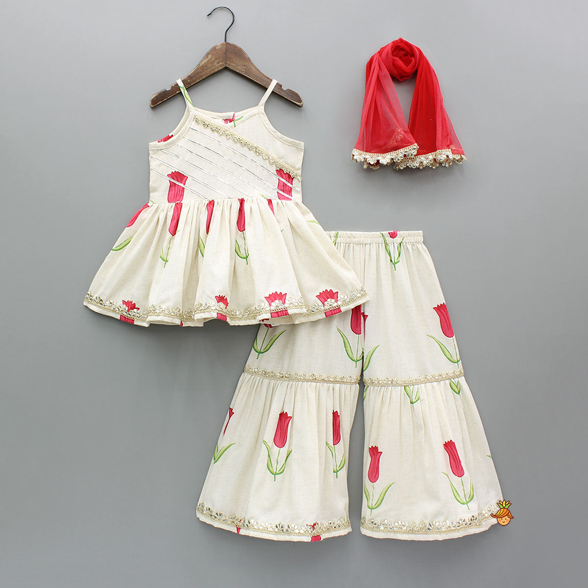 Pre Order: Red Tulip Printed Strappy Peplum Kurti With Printed Sharara And Red Dupatta