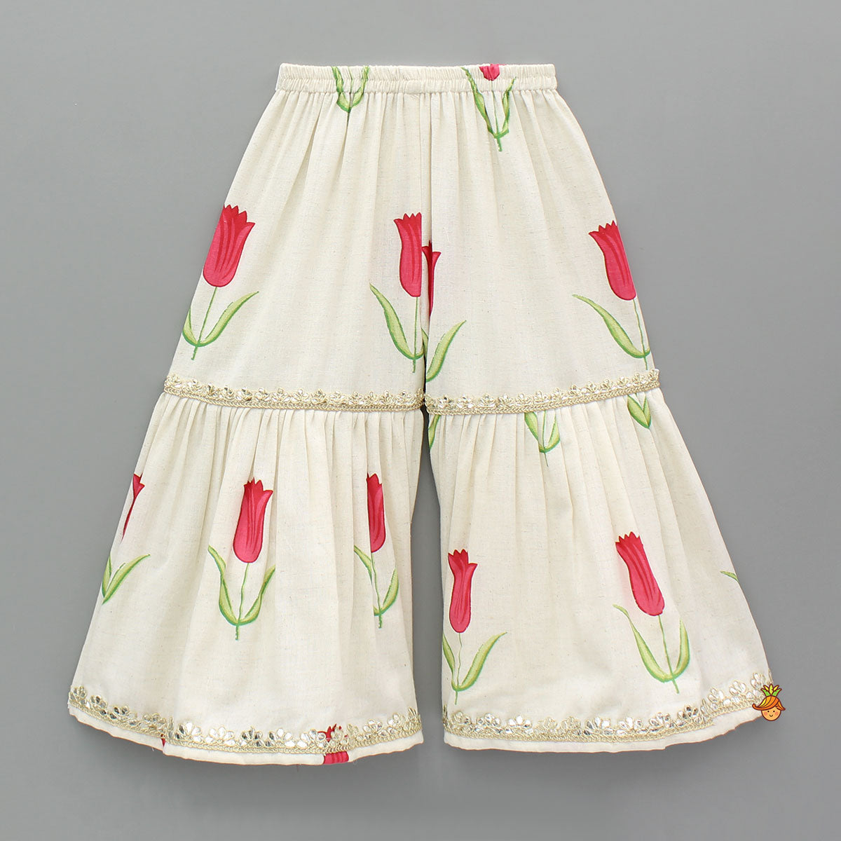 Pre Order: Red Tulip Printed Strappy Peplum Kurti With Printed Sharara And Red Dupatta