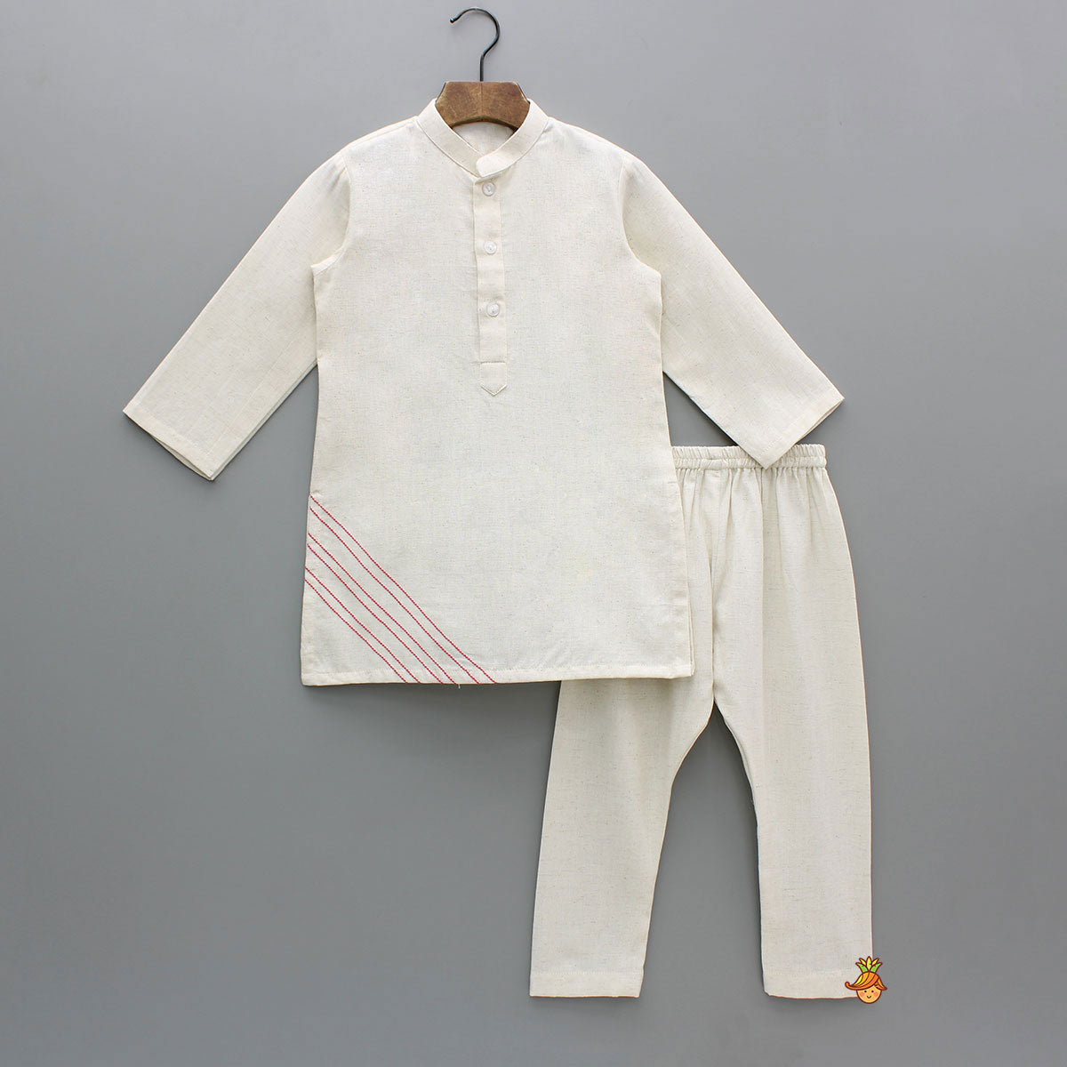 Pre Order: Off White Khadi Kurta With Red Tulip Printed Jacket And Pyjama