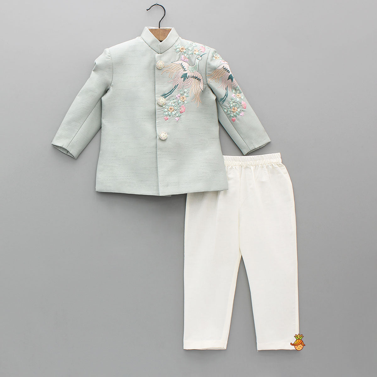 Pre Order: Grey Beautiful Embroidered Sherwani With Cream White Pyjama