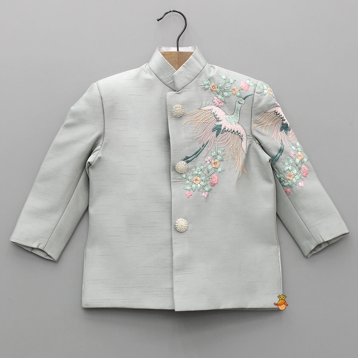 Pre Order: Grey Beautiful Embroidered Sherwani With Cream White Pyjama
