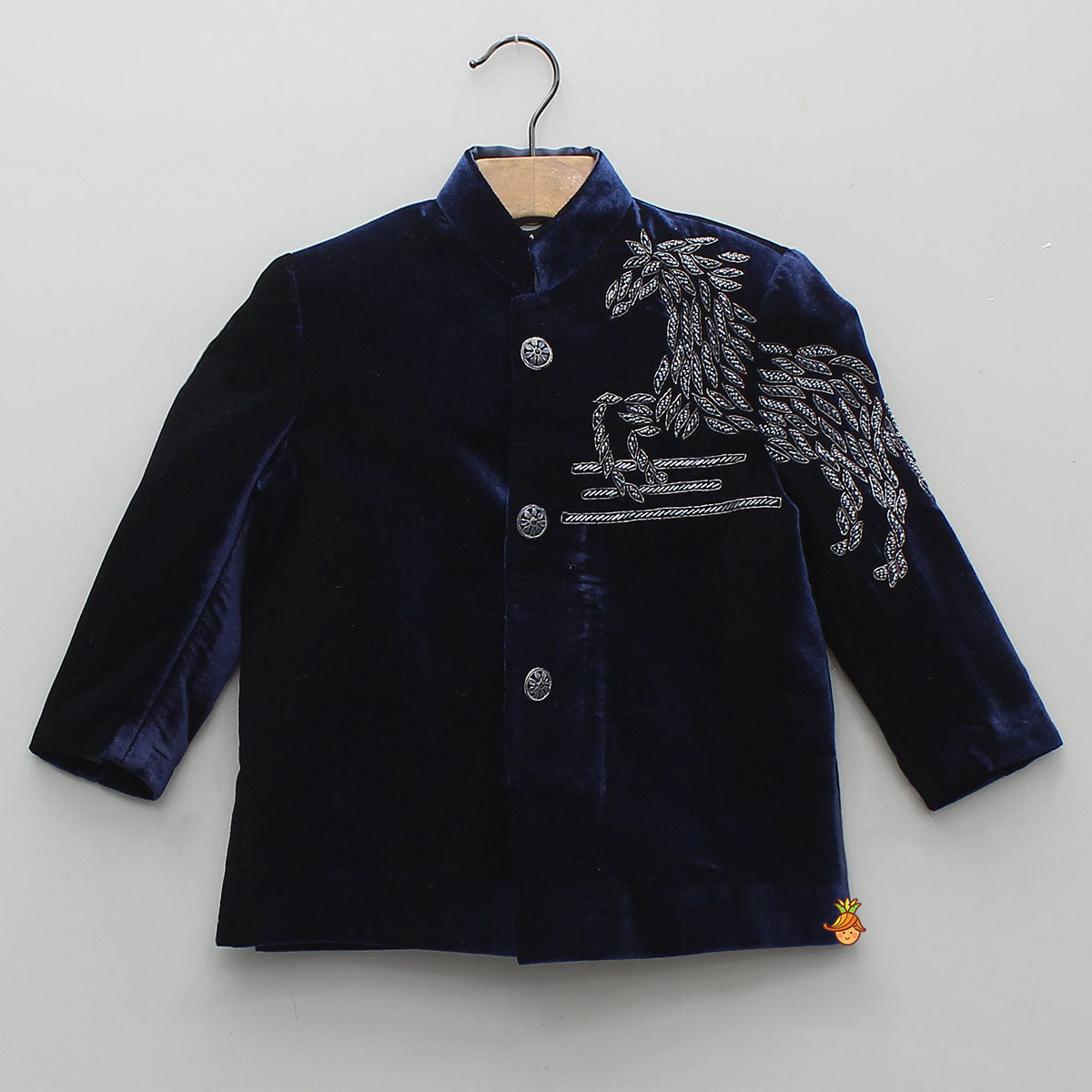 Pre Order: Stylish Embroidered Blue Velvet Sherwani With White Pyjama