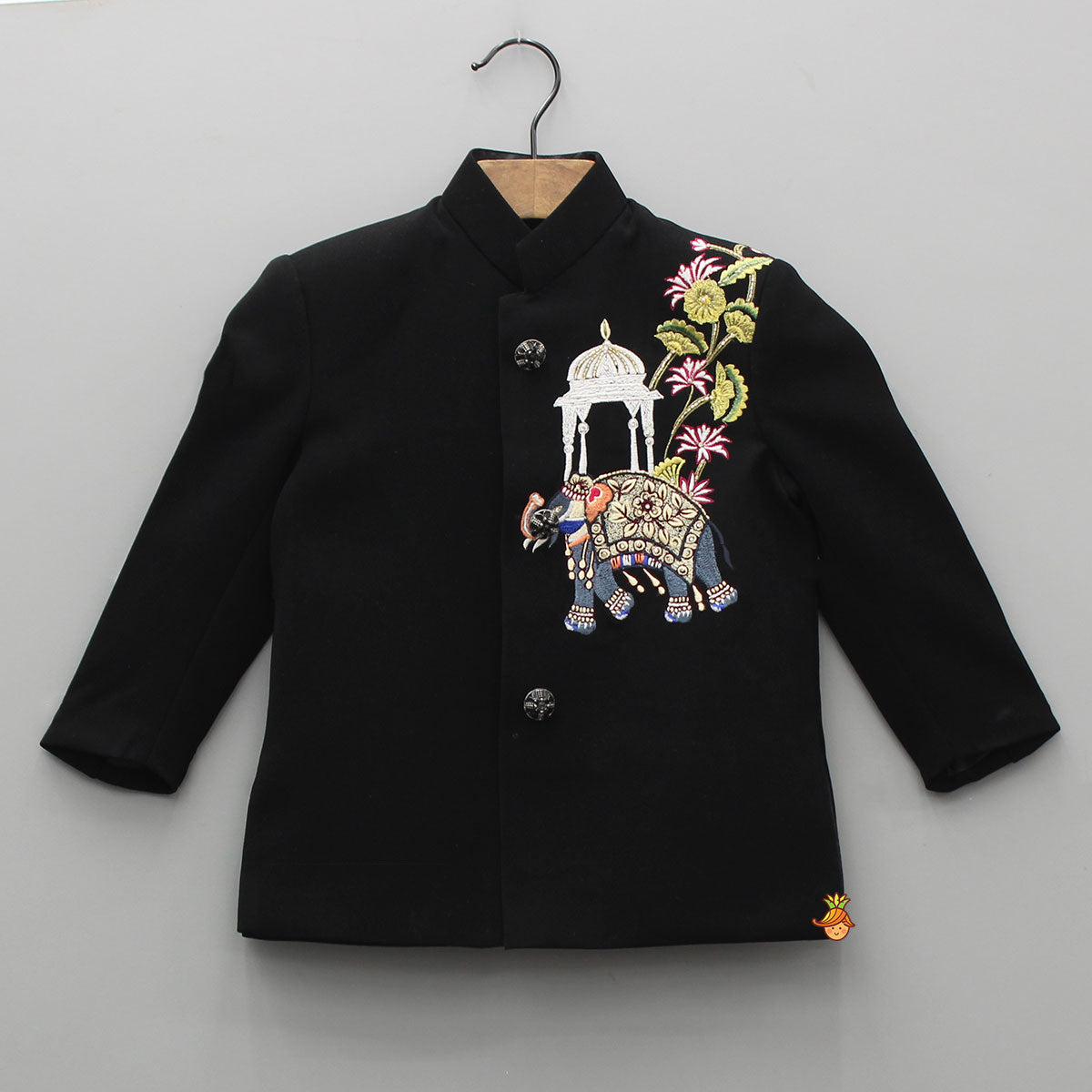 Pre Order: Black Ethnic Embroidered Sherwani With Pyjama