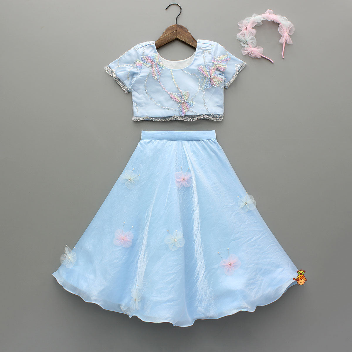 Pre Order: Cute Butterfly Embroidered Blue Top With Embellished Lehenga And Hairband