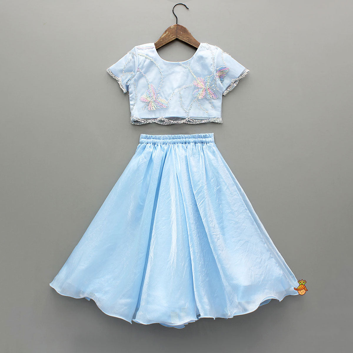 Pre Order: Cute Butterfly Embroidered Blue Top With Embellished Lehenga And Hairband