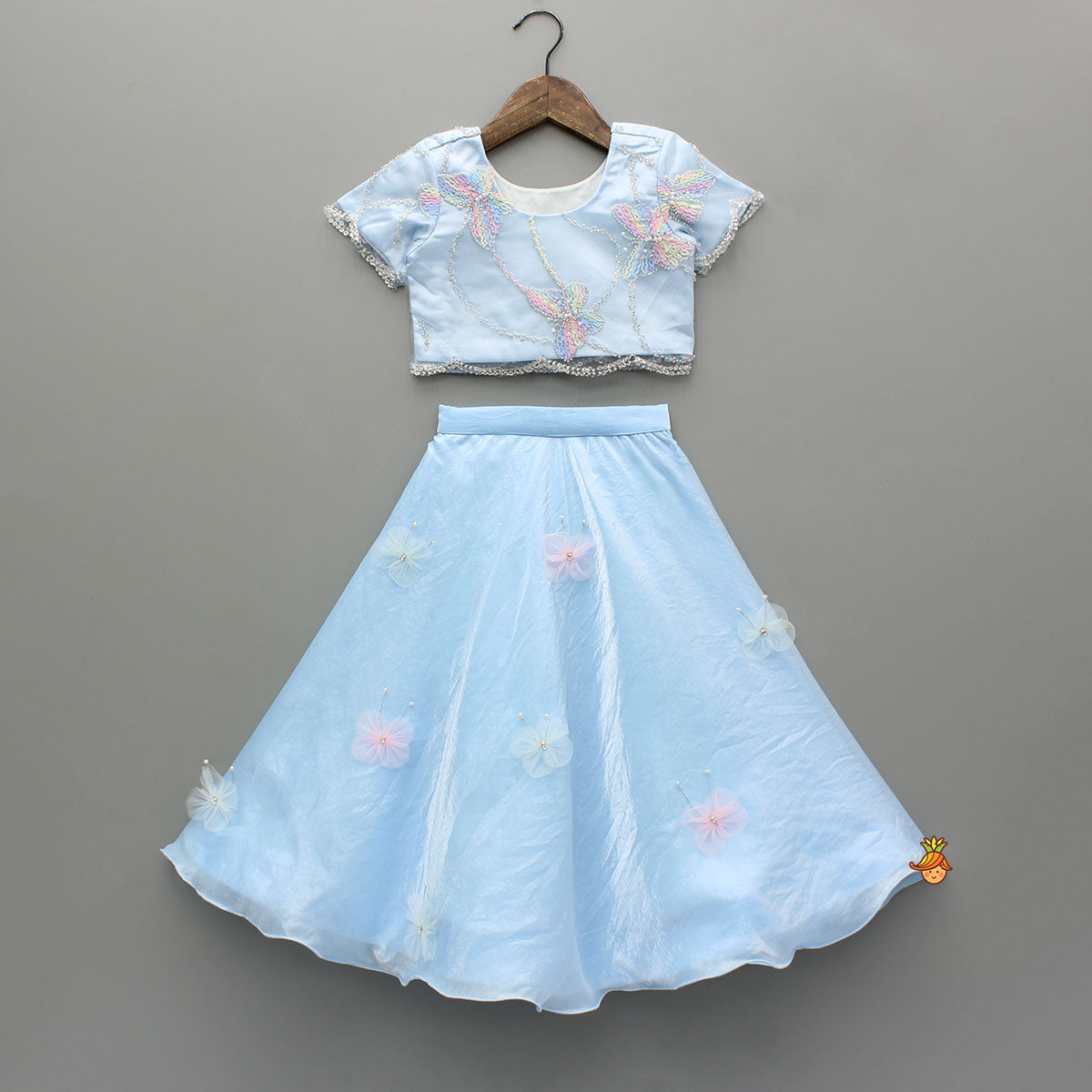Pre Order: Cute Butterfly Embroidered Blue Top With Embellished Lehenga And Hairband
