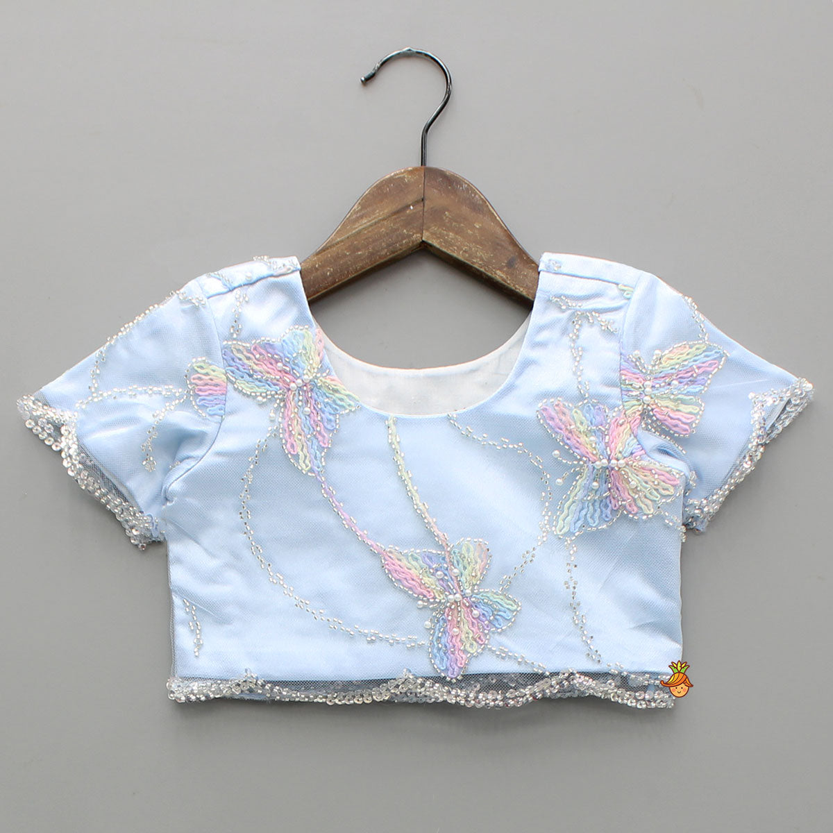 Pre Order: Cute Butterfly Embroidered Blue Top With Embellished Lehenga And Hairband