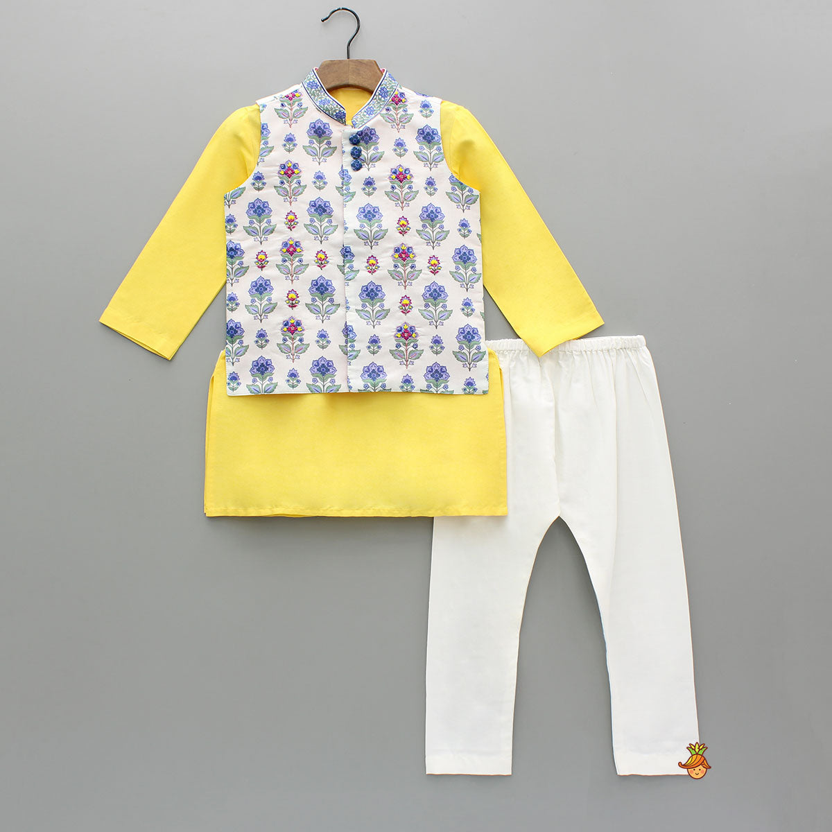 Pre Order: Yellow Kurta With Printed Jacket And Pyjama