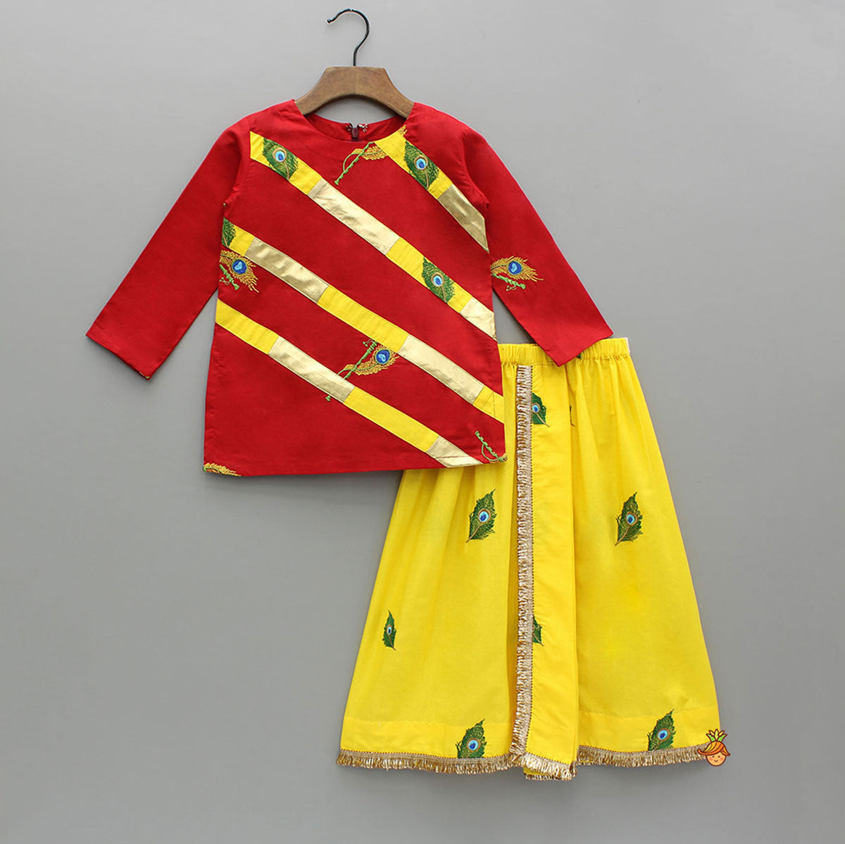 Pre Order: Red Mor Pankh Embroidered Kurta With Yellow Lungi Style Dhoti
