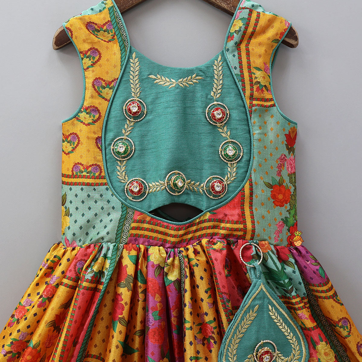 Pre Order: Elegant Multicolour Printed Sleeveless Dress With Attached Bag And Matching Hairband