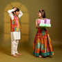 Elegant Multicolour Printed Sleeveless Dress With Attached Bag And Matching Hairband twinning model image 4