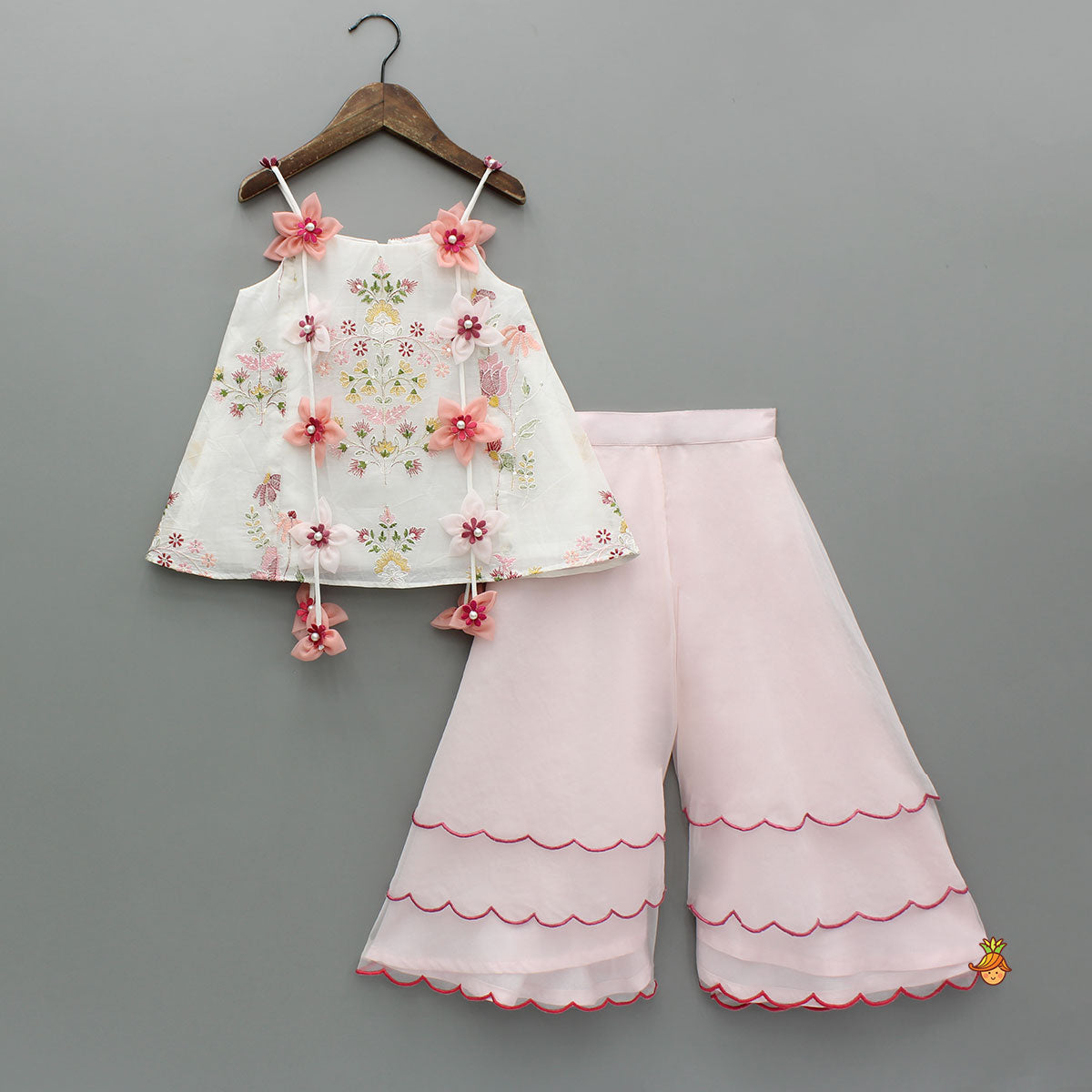 Pre Order: Flowers Adorned White Floral Embroidered Top With Pink Palazzo