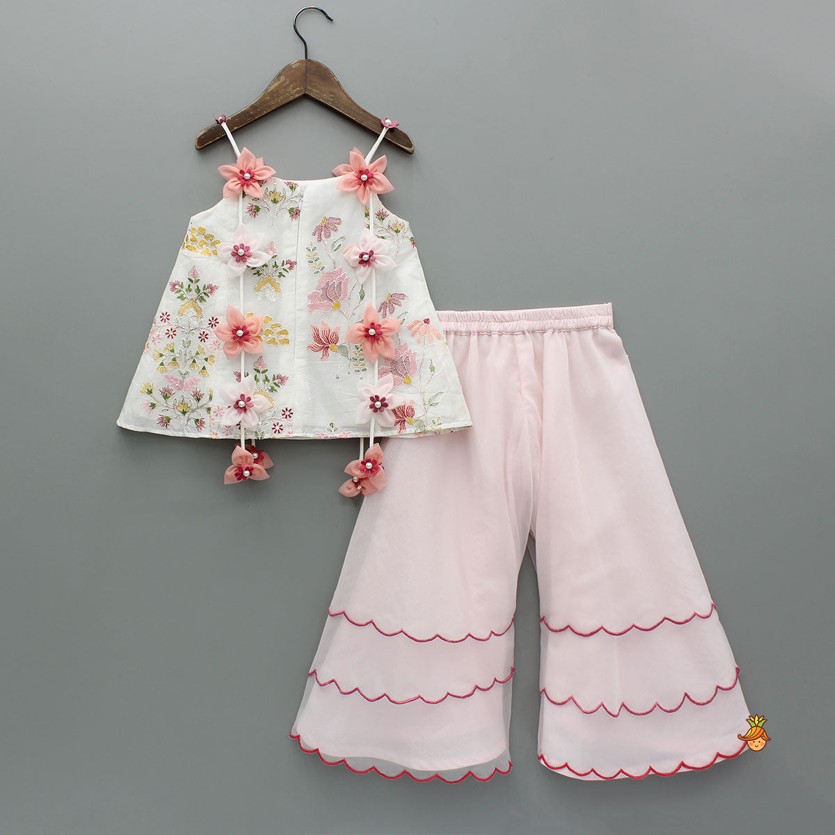 Pre Order: Flowers Adorned White Floral Embroidered Top With Pink Palazzo