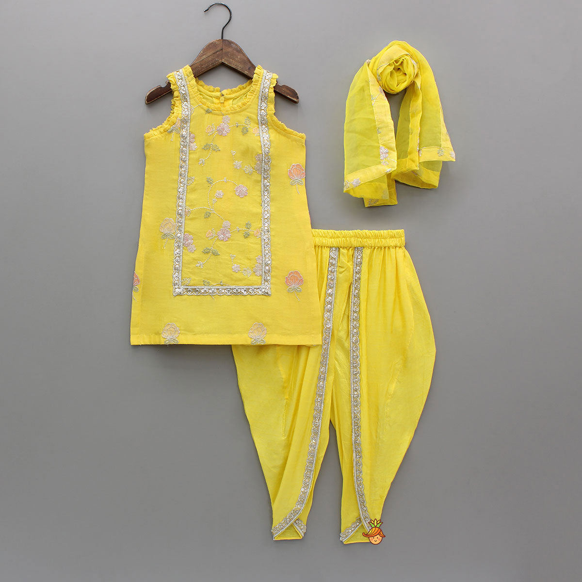Pre Order: Yellow Sequin Embroidered Sleeveless Kurti With Dhoti And Dupatta