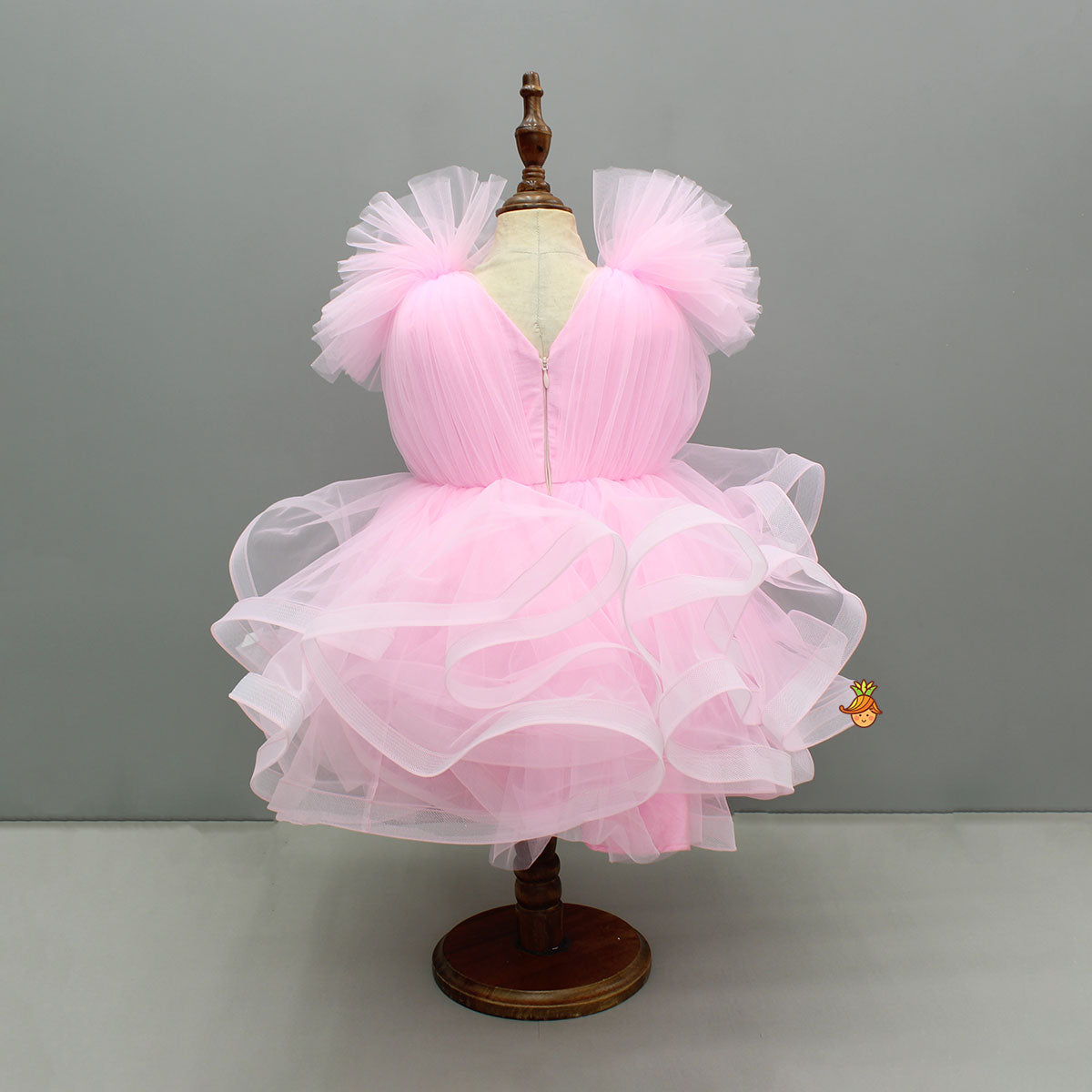 Pre Order: Pink Ruffled Net Dress With Stylish Sleeves