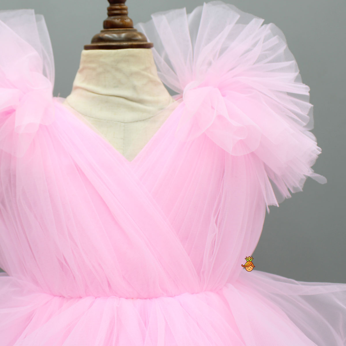 Pre Order: Pink Ruffled Net Dress With Stylish Sleeves