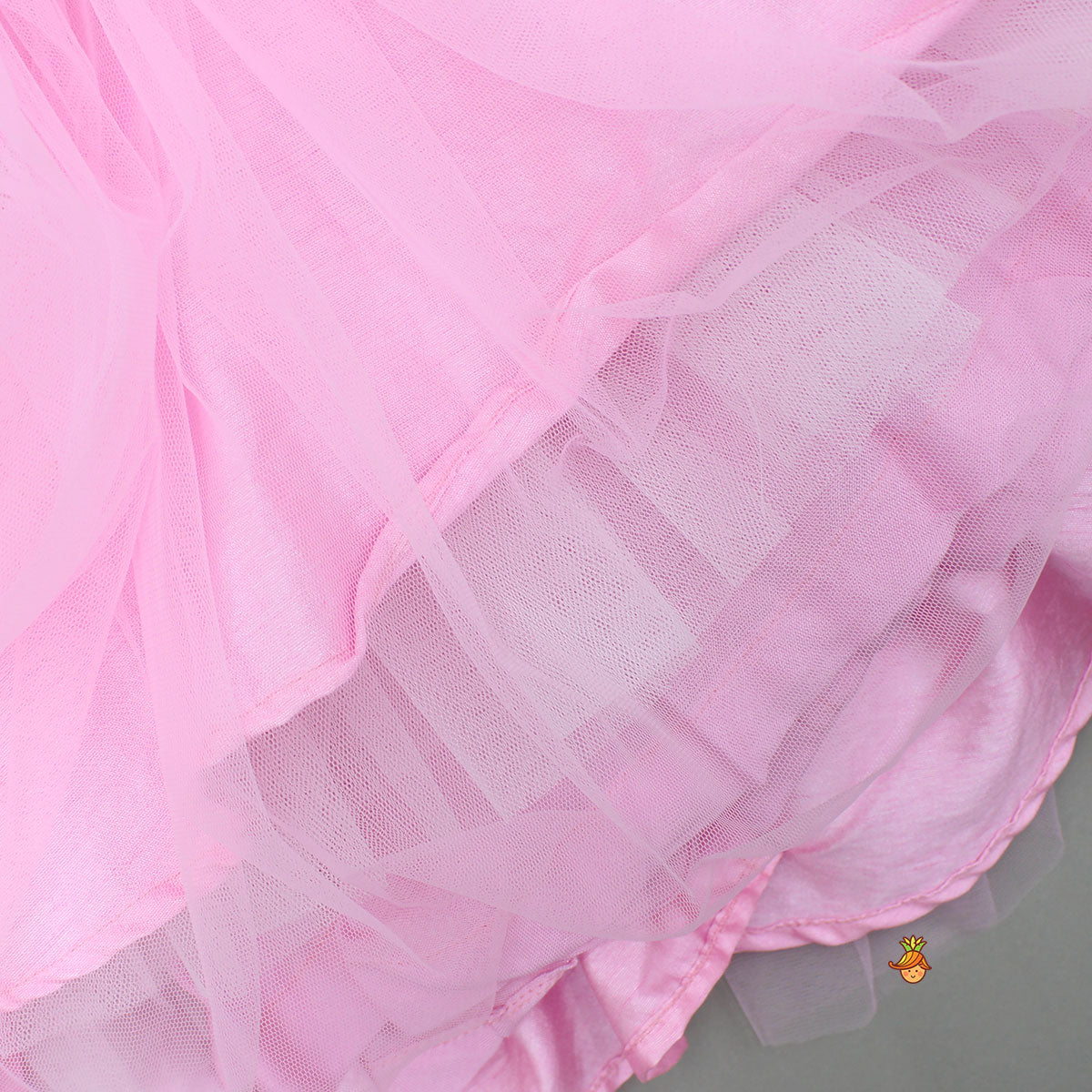Pre Order: Pink Ruffled Net Dress With Stylish Sleeves