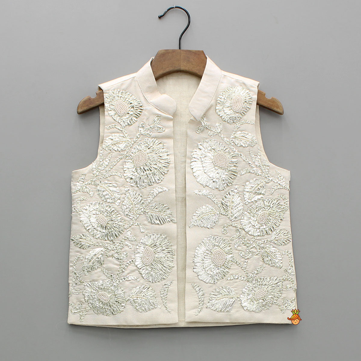 Pre Order: Shimmery Ivory Kurta With Front Open Gota Embroidered Jacket And Pyjama
