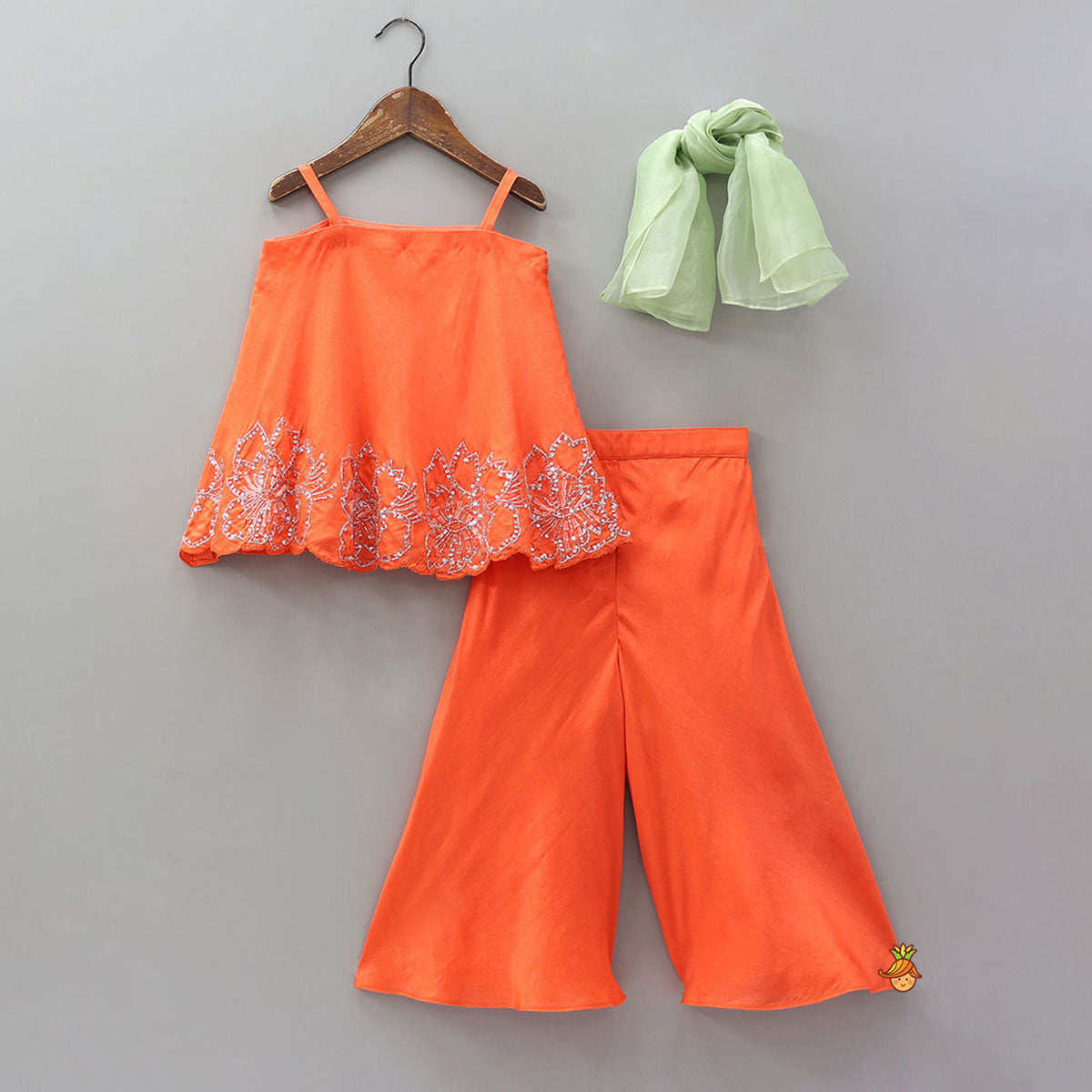 Pre Order: Orange Strappy Kurti With Palazzo And Dupatta