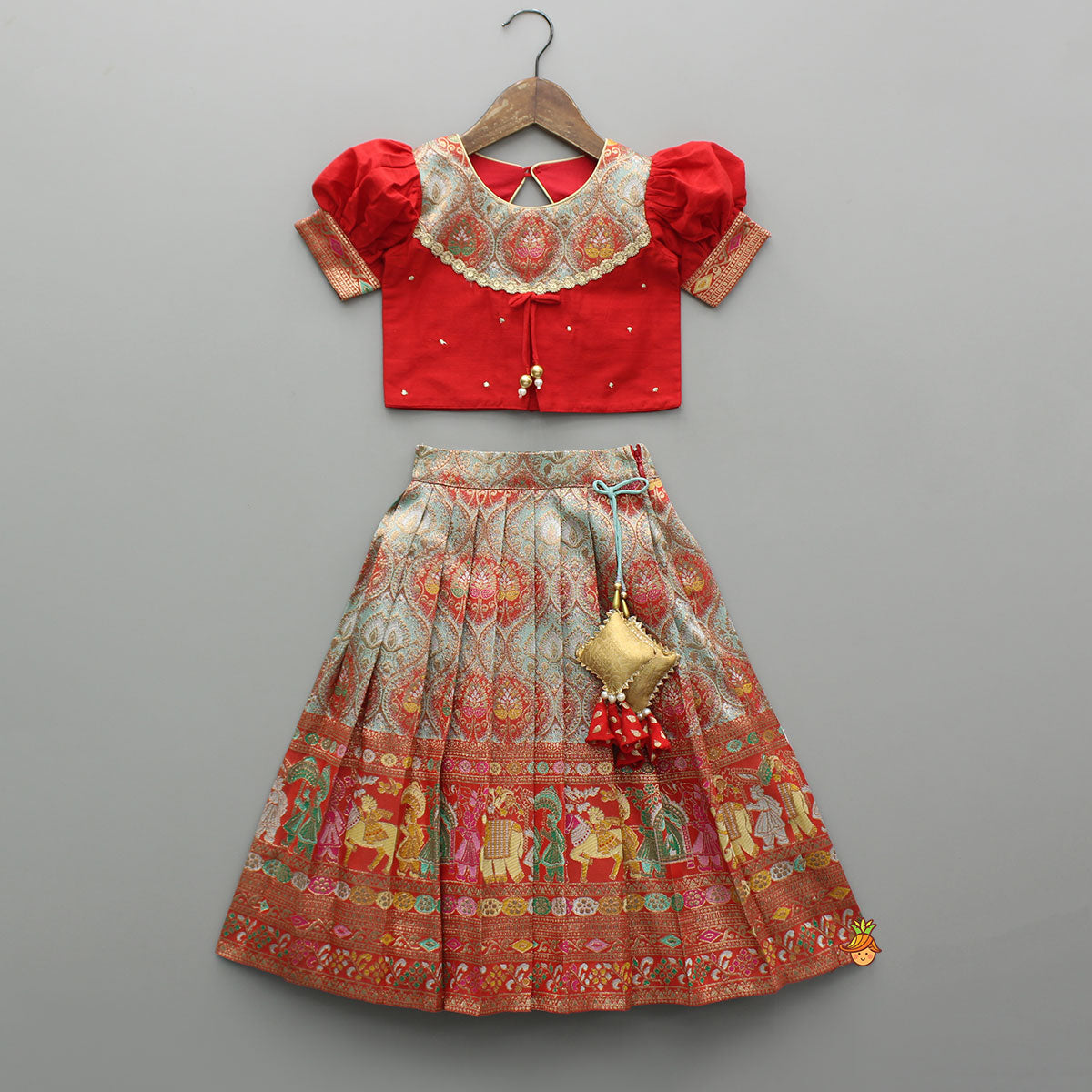 Pre Order: Red Brocade Silk Top With Ethnic Brocade Lehenga And Dupatta