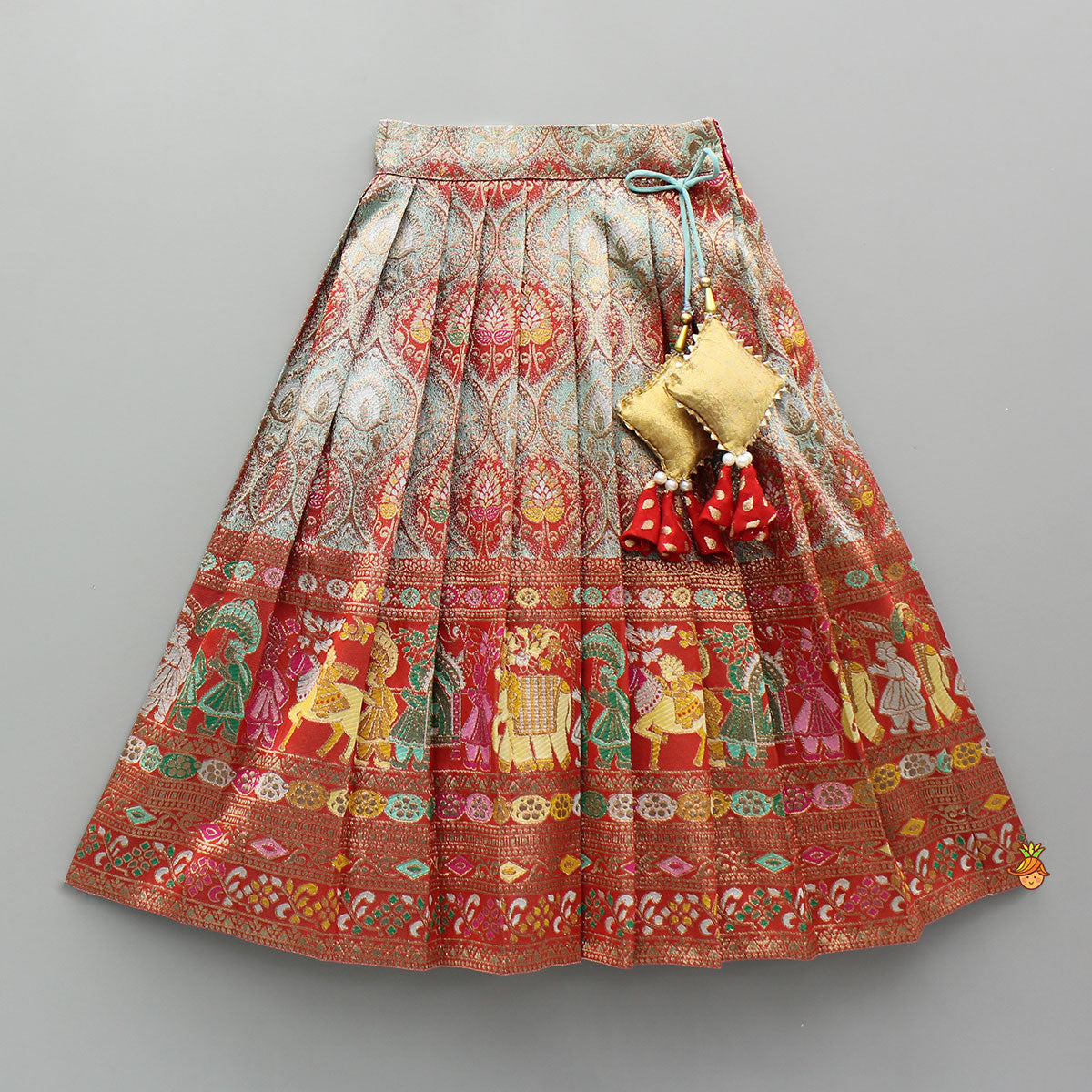 Pre Order: Red Brocade Silk Top With Ethnic Brocade Lehenga And Dupatta