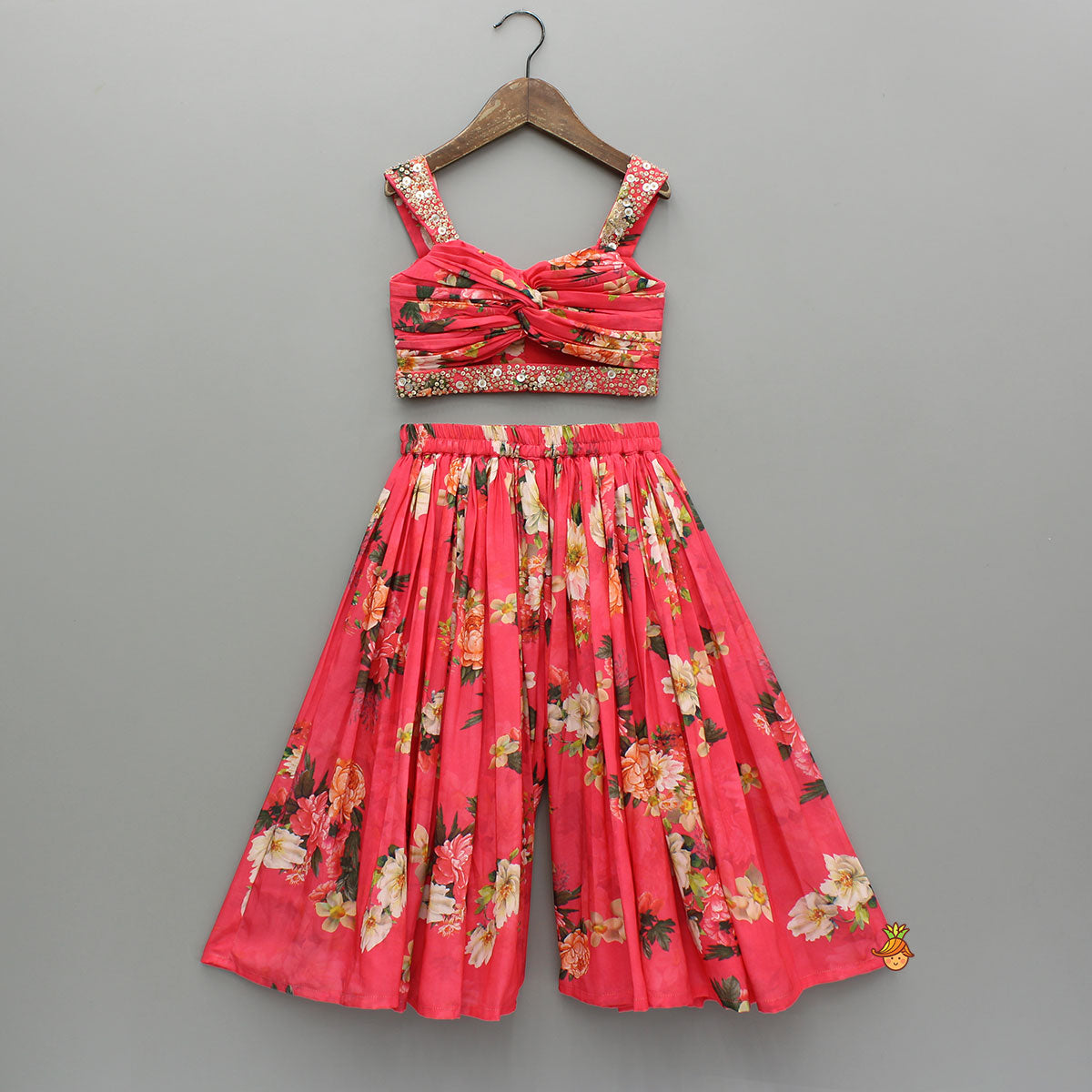 Pre Order: Red Floral Printed Draped Top With Flared Palazzo