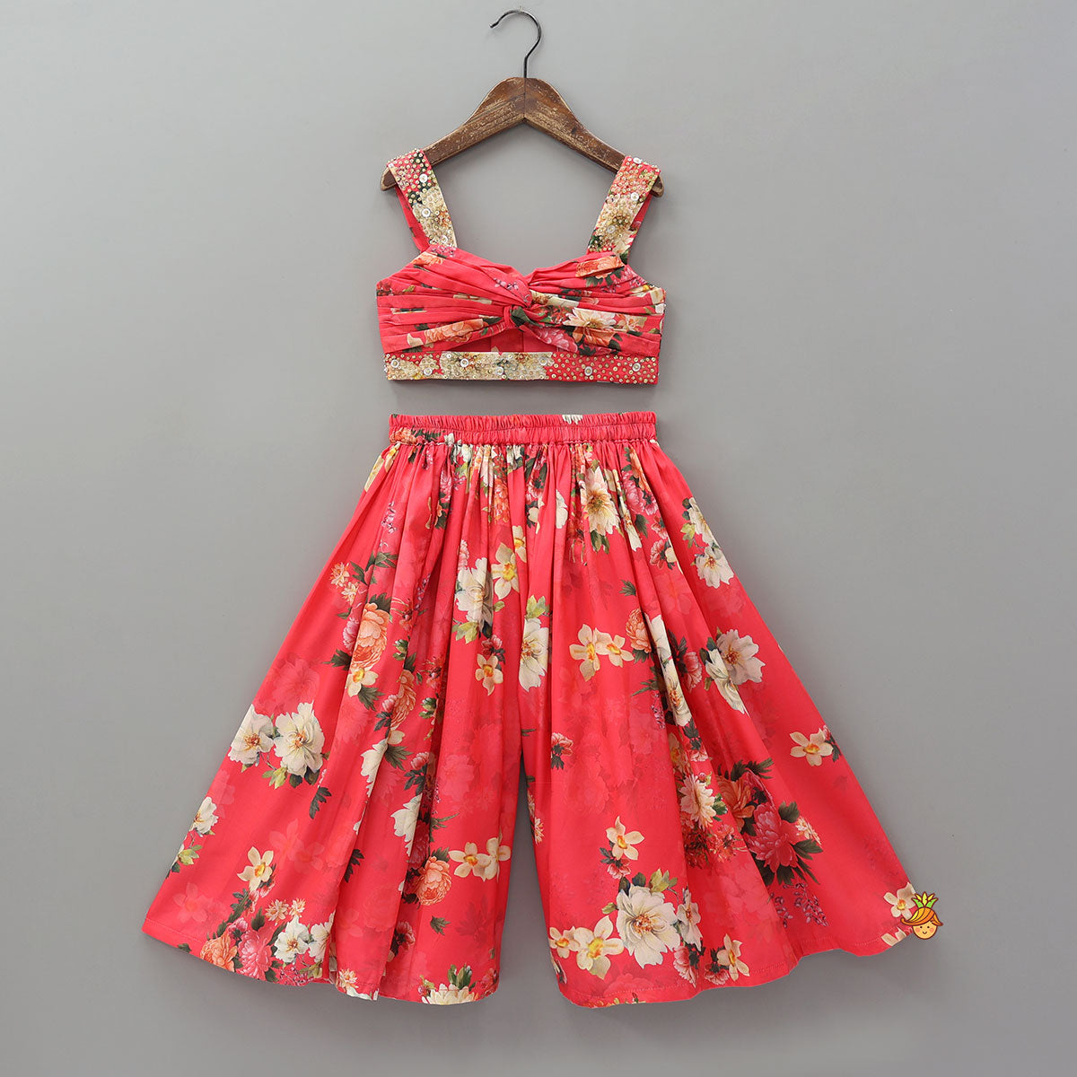 Pre Order: Red Floral Printed Draped Top With Flared Palazzo