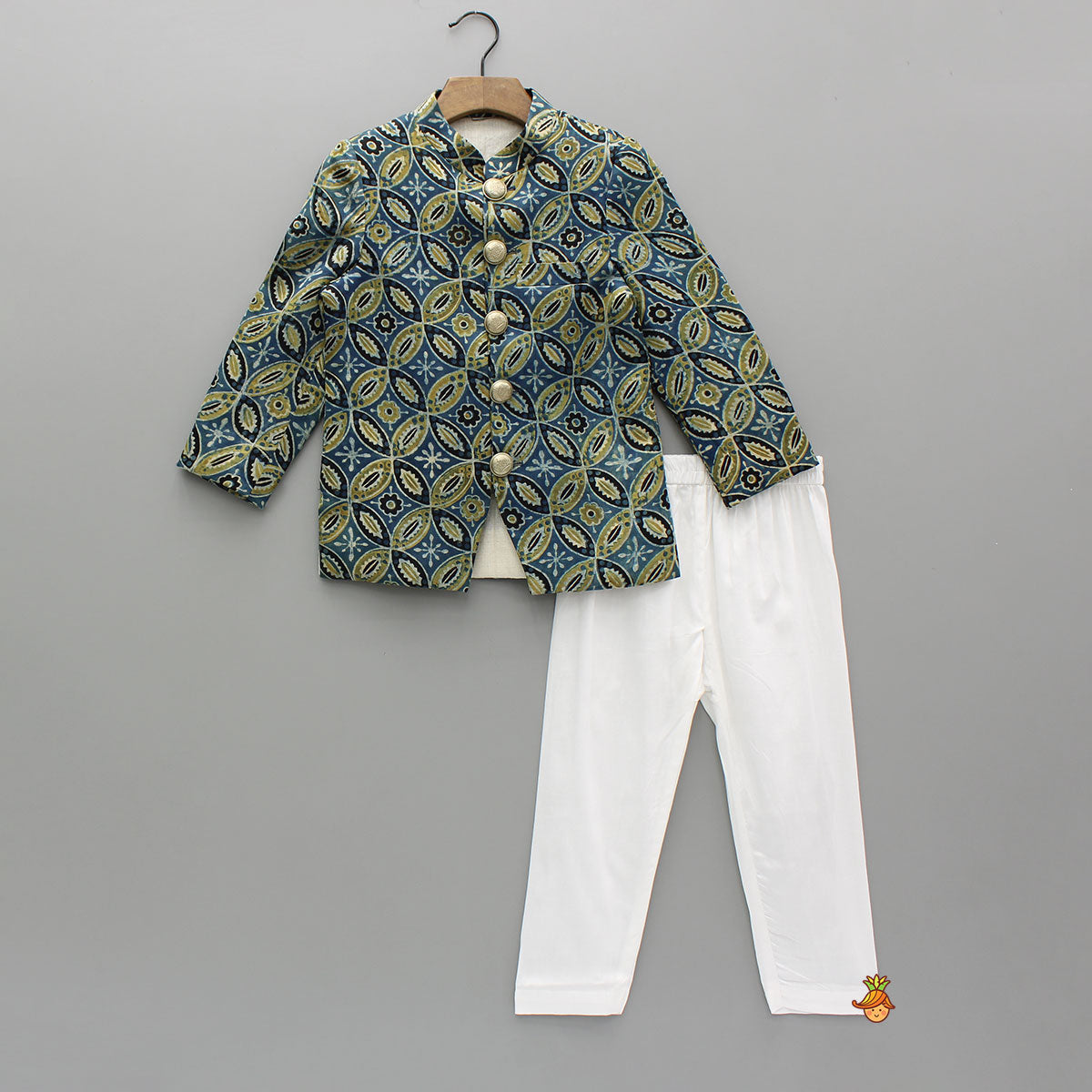Pre Order: Ajrakh Printed Blue Silk Sherwani With Pyjama
