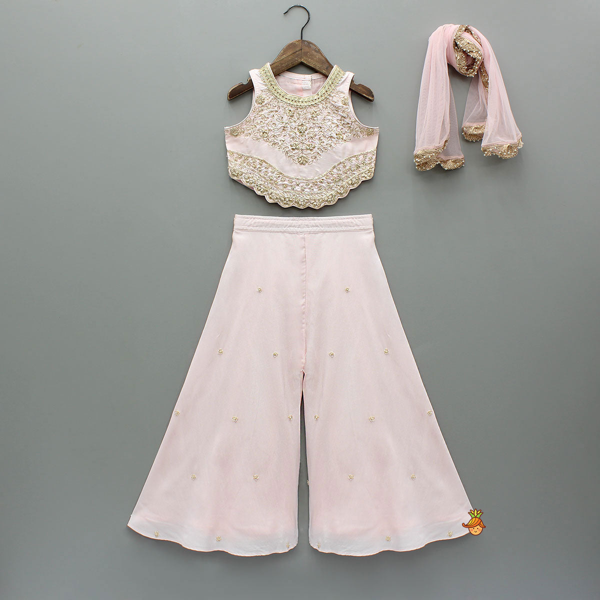 Pre Order: Pink Floral Embroidered Stylish Hem Top With Palazzo And Dupatta