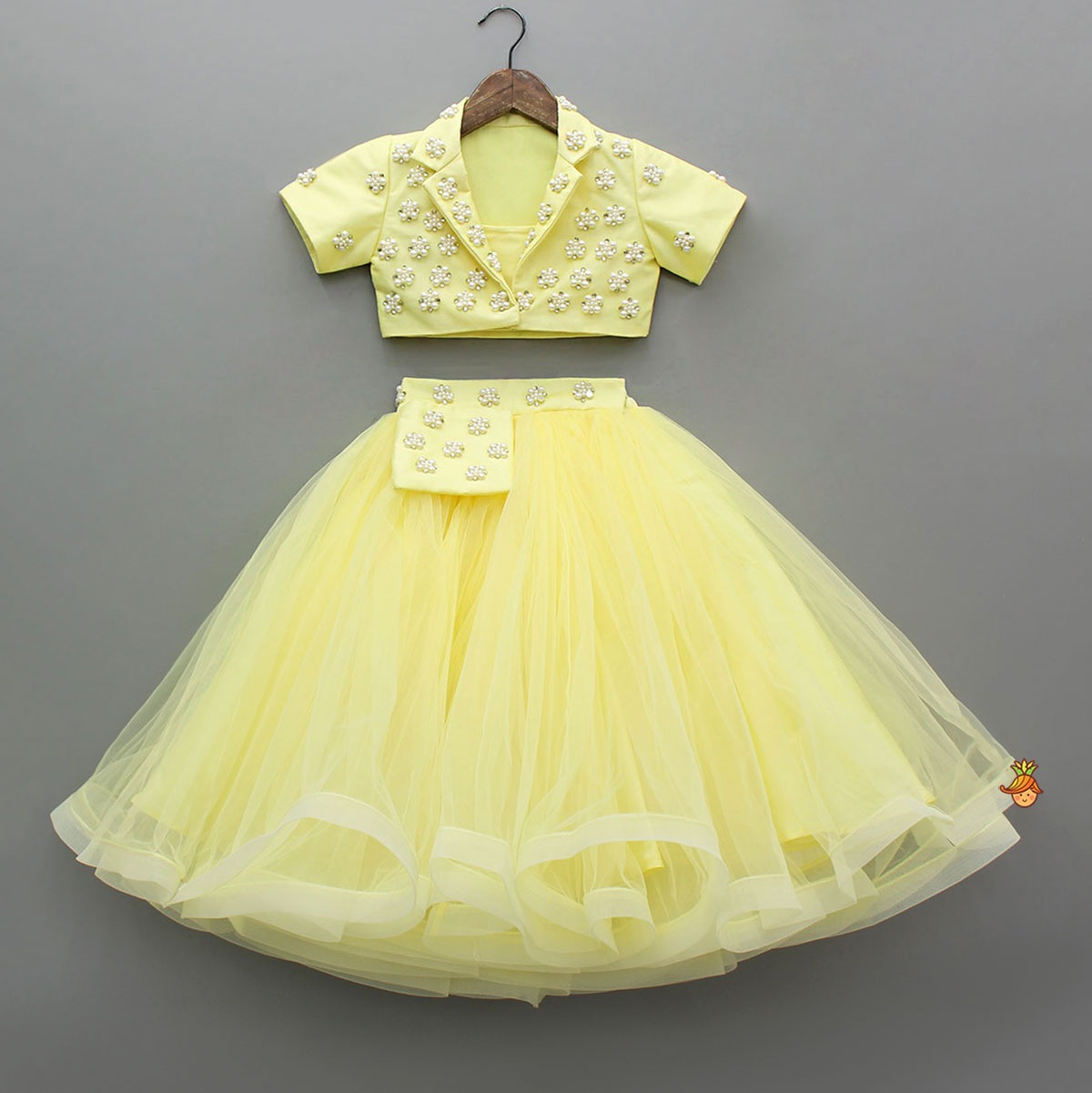 Pre Order: Stylish Yellow Crop Blazer Style Top With Flared Lehenga