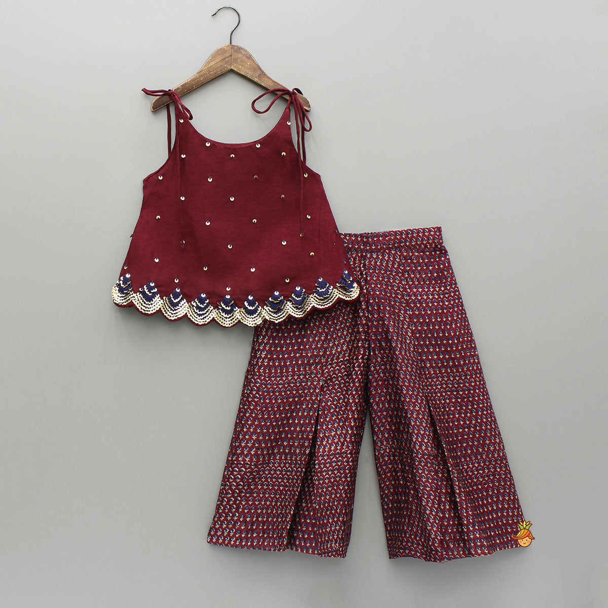 Pre Order: Maroon Tie-Up Hand Embroidered Scallop Top With Printed Palazzo