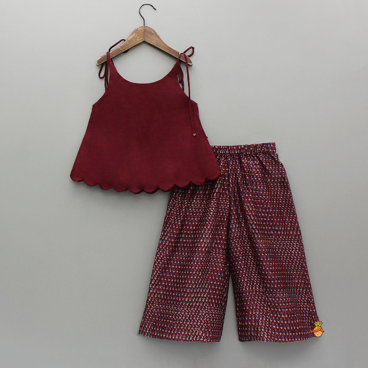 Pre Order: Maroon Tie-Up Hand Embroidered Scallop Top With Printed Palazzo