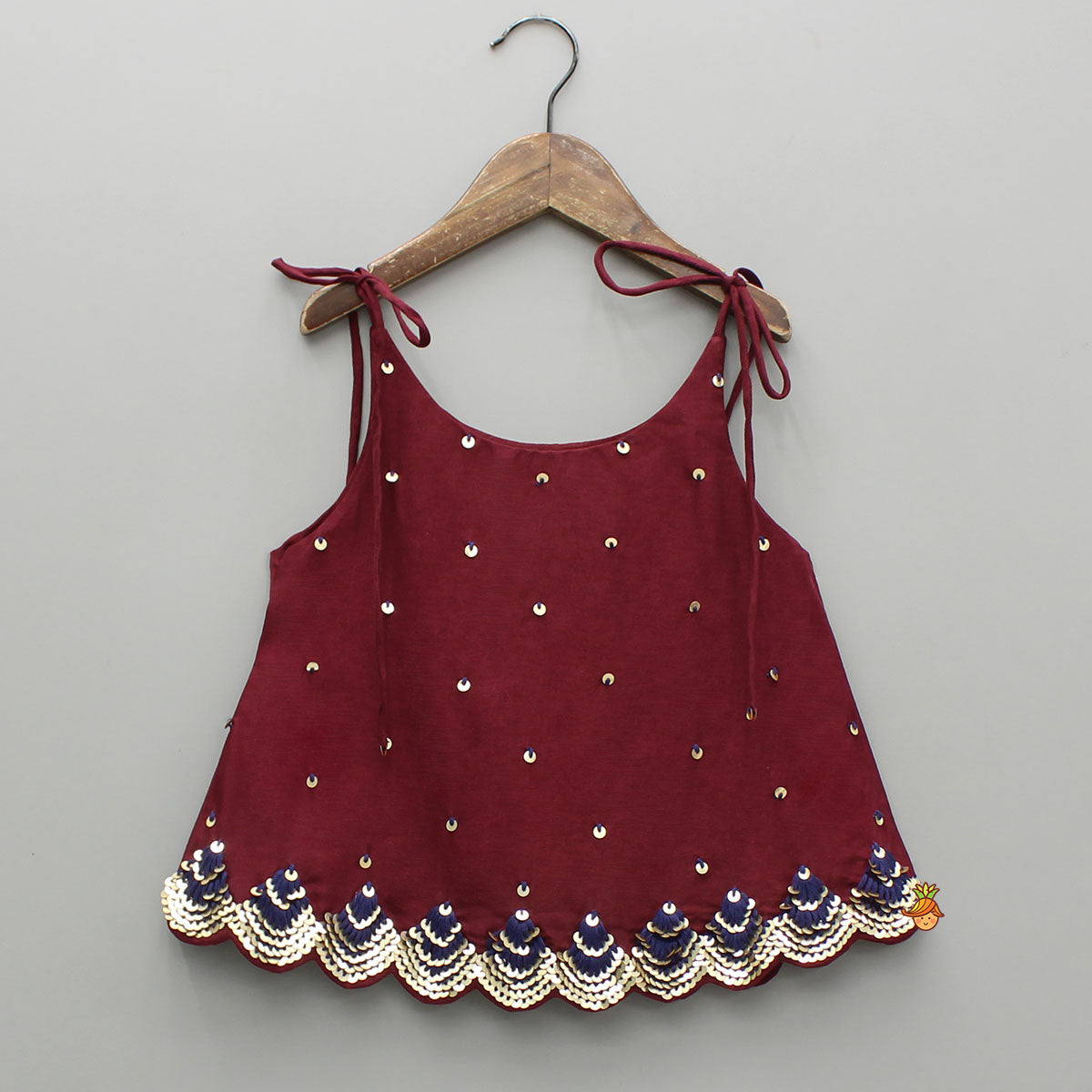Pre Order: Maroon Tie-Up Hand Embroidered Scallop Top With Printed Palazzo