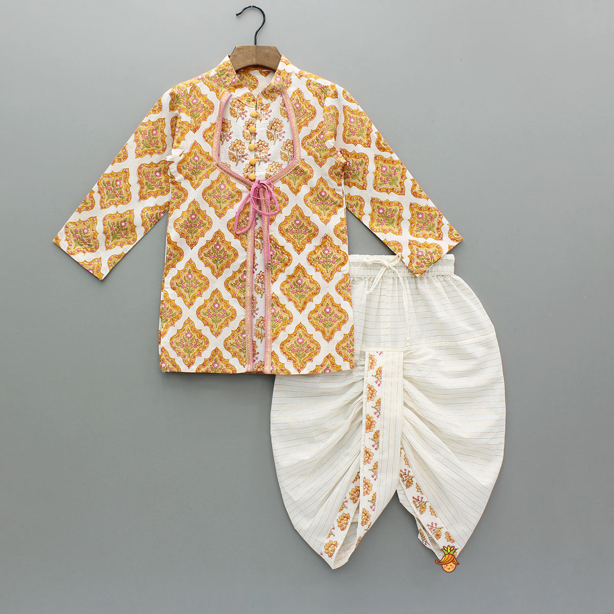 Pre Order: White Block Print Kurta With Matching Dhoti