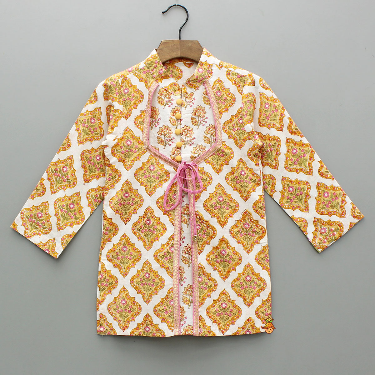 Pre Order: White Block Print Kurta With Matching Dhoti