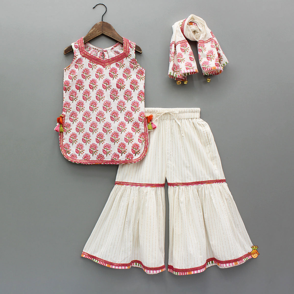 Pre Order: Floral Printed Cotton Kurti With Sharara And Dupatta