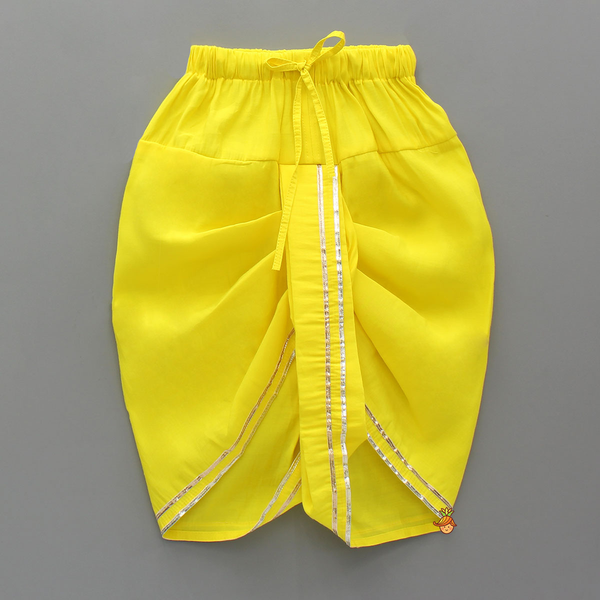 Pre Order: Dual Knot Detail Yellow Kurta And Dhoti With Mor Pankh Mukut