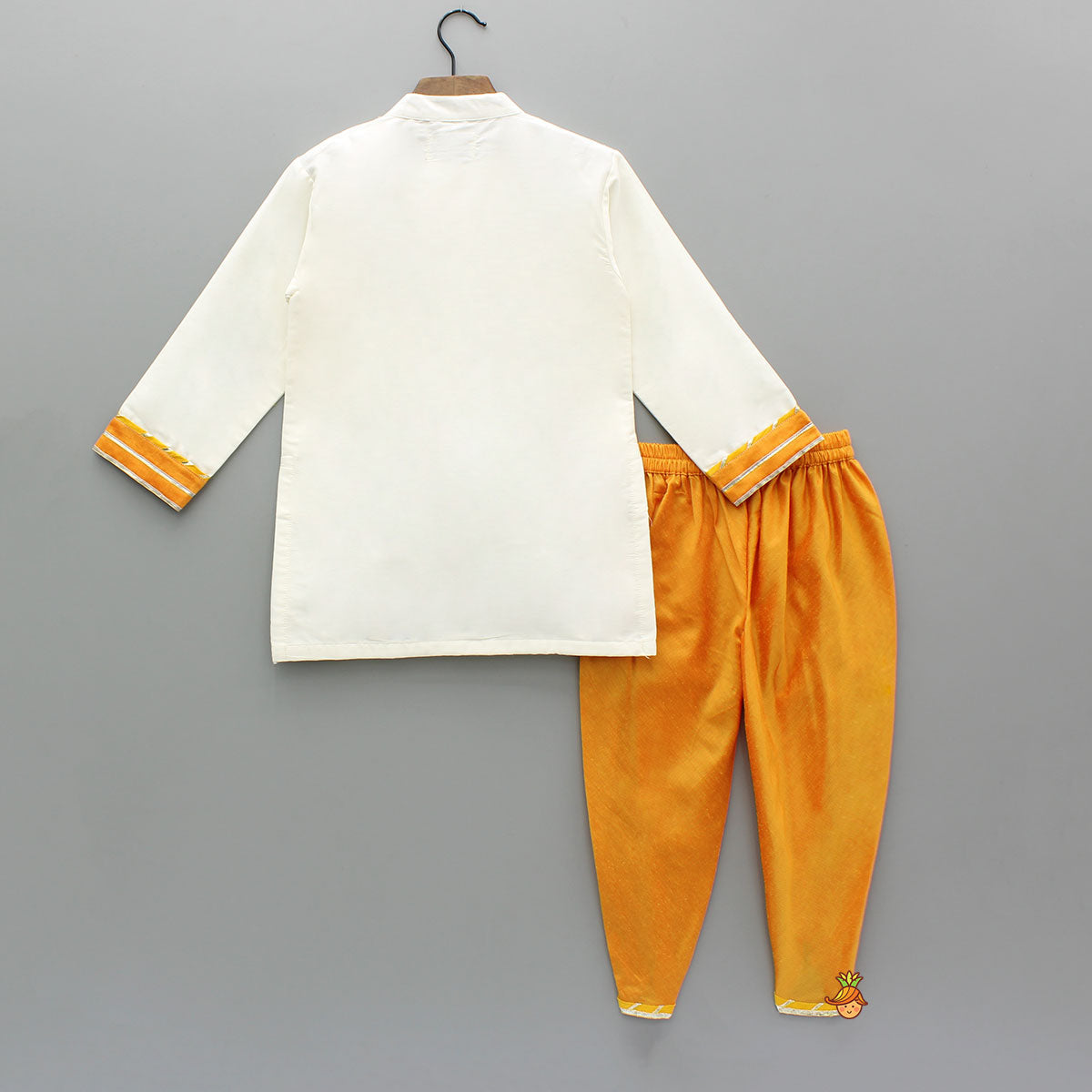 Pre Order: Off White Hand Painted Kurta With Orange Dhoti