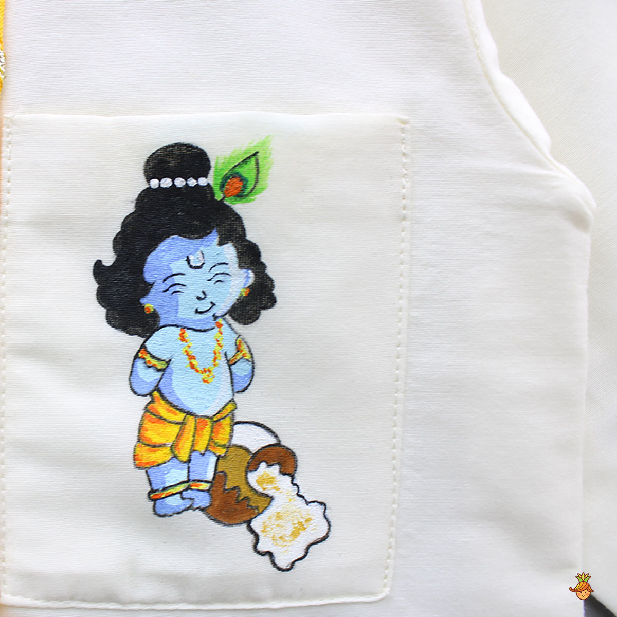 Pre Order: Off White Hand Painted Kurta With Orange Dhoti