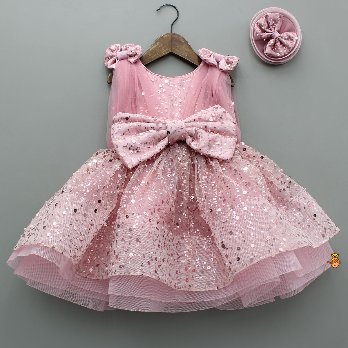Pre Order: Pink Sequin Embellished Bow Adorned Dress With Matching Hair Clip And Detachable Bow