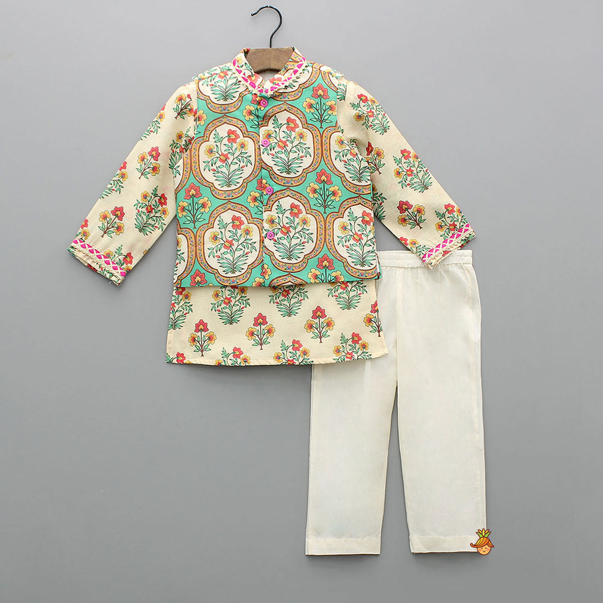 Floral Printed Kurta With Front Open Jacket And Pyjama