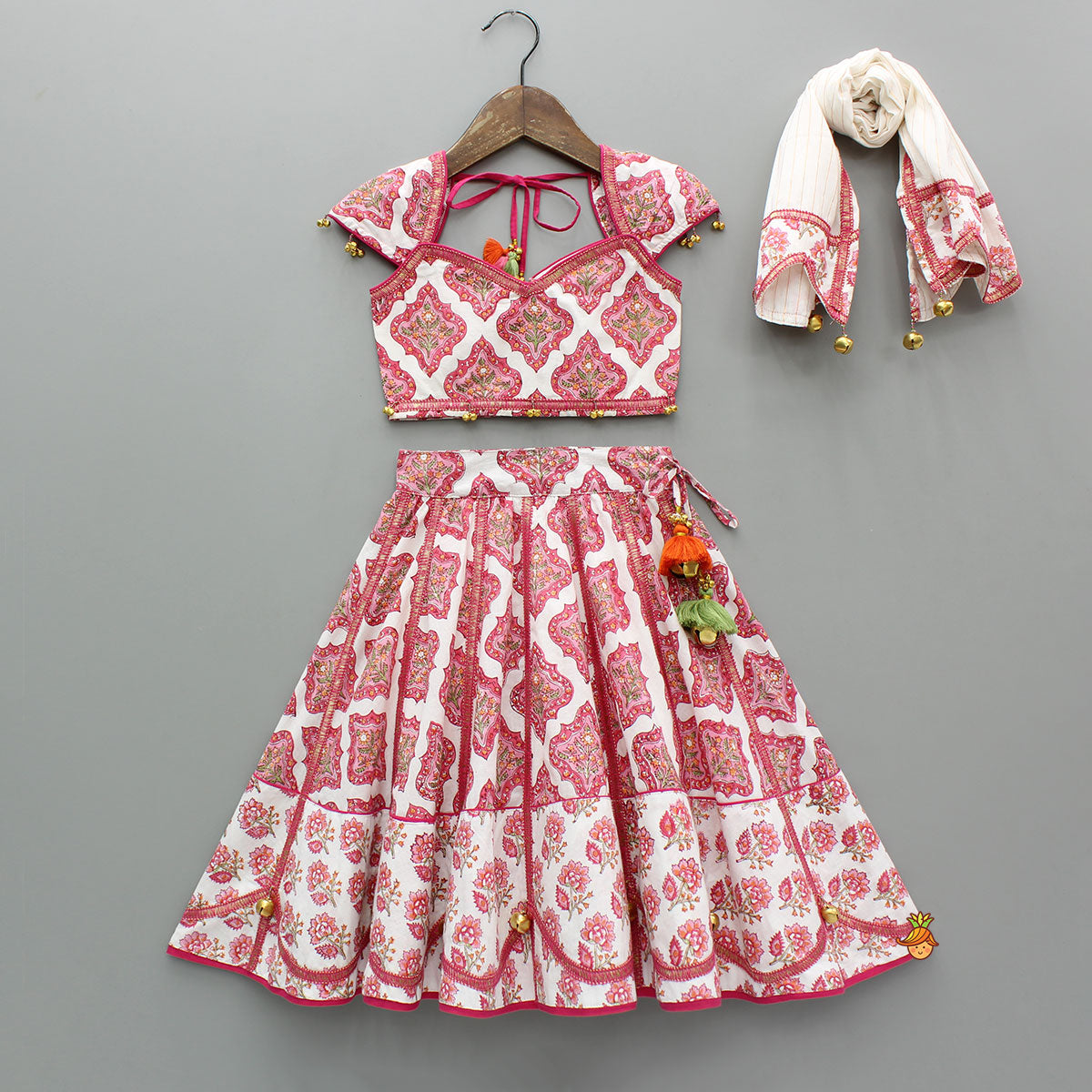 Pre Order: Beautiful Cotton Printed Sweetheart Neck Top With Printed Lehenga And Dupatta