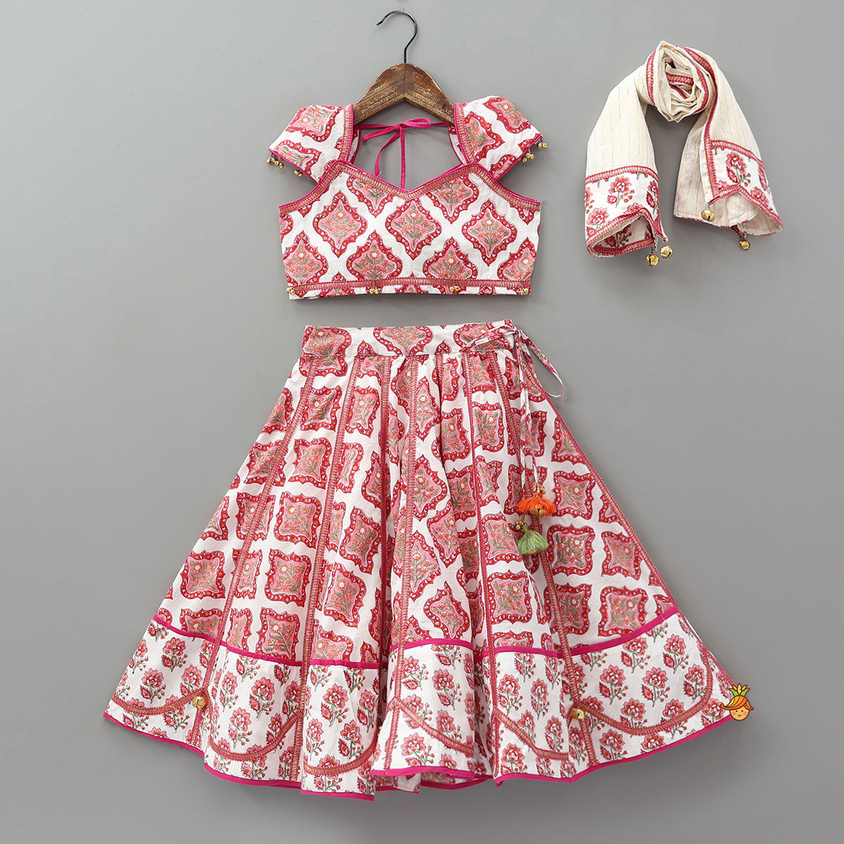Pre Order: Beautiful Cotton Printed Sweetheart Neck Top With Printed Lehenga And Dupatta